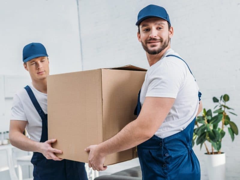 Two movers transporting a cardboard box in an apartment